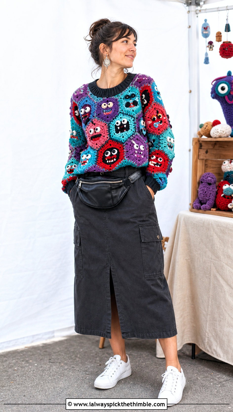 Monster Motif Hexagon Halloween Crochet Jumper With Utility Skirt - 15 Halloween Crochet Jumper outfit ideas