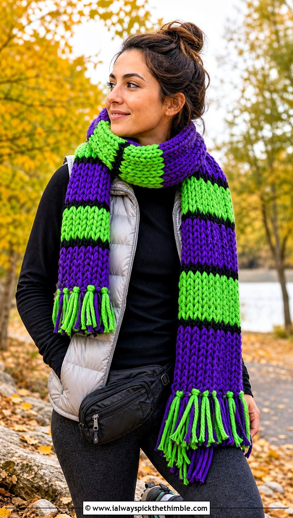 Monster Striped Chunky Halloween Scarf With Puffer Vest - 20 crochet halloween scarf outfit ideas