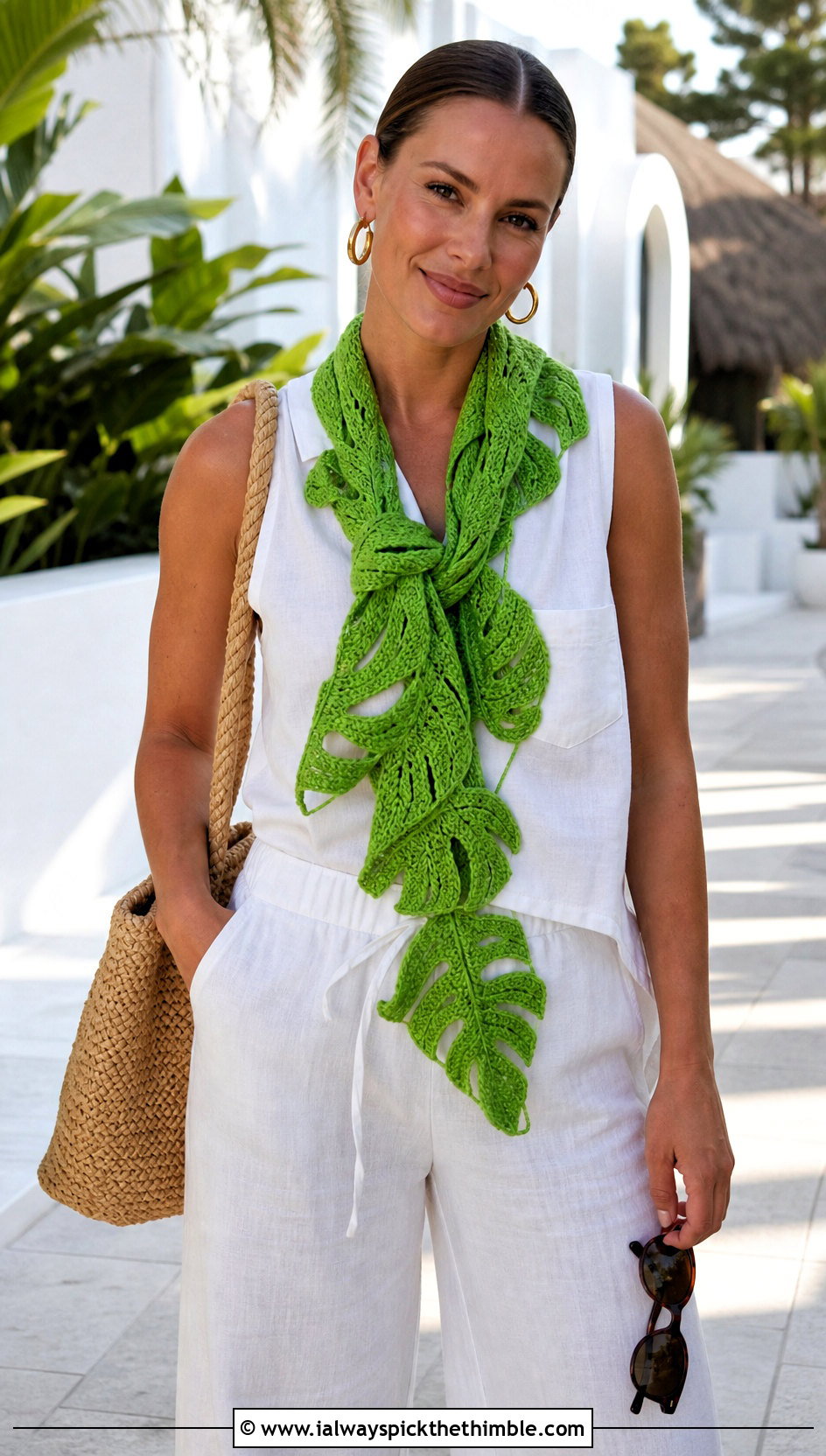 Monstera Leaf Scarf With Linen Set - 20 crochet leaf scarf outfit ideas
