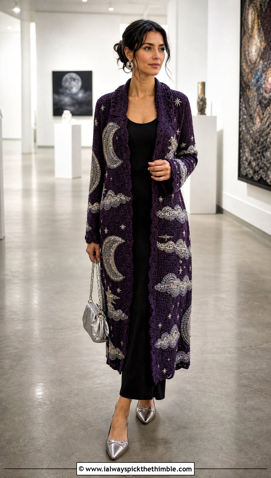 Moon And Cloud Cardigan With a Black Maxi Dress - 25 crochet cloud cardigan outfit ideas