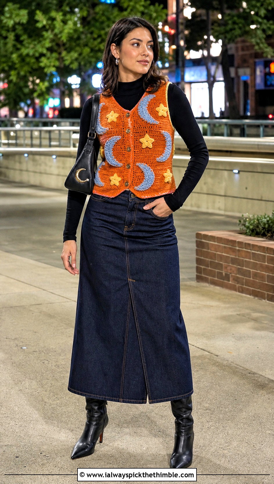 Moon And Star Amigurumi Vest With Denim Maxi Skirt - 15 Crochet Amigurumi Vest outfit ideas