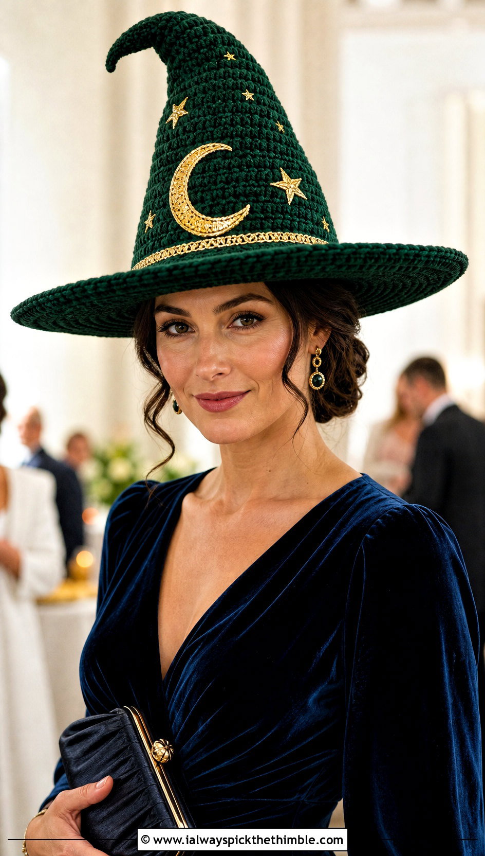 Moon And Star Crochet Witch Hat With Velvet Dress - 15 Witch's Crochet Hat outfit ideas