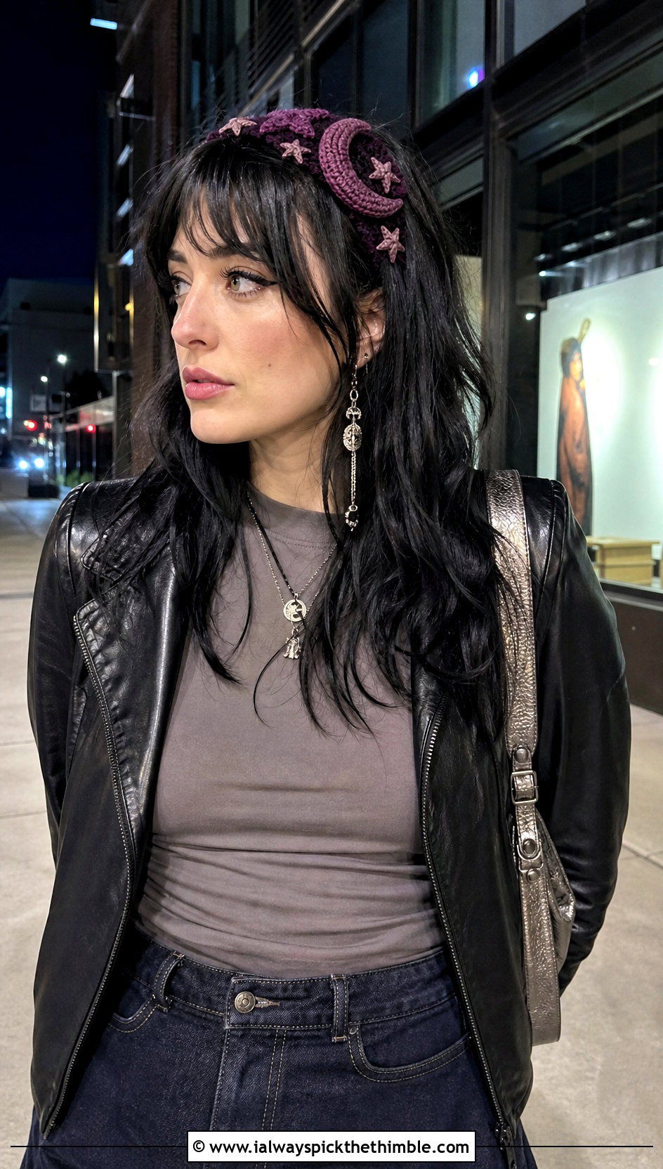 Moon And Star Headband With Black Leather Jacket - 20 crochet star headband outfit ideas