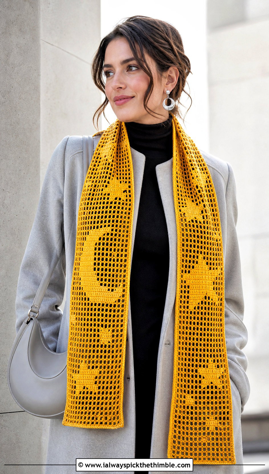 Moon And Stars Filet Halloween Scarf With Minimalist Coat - 20 crochet halloween scarf outfit ideas