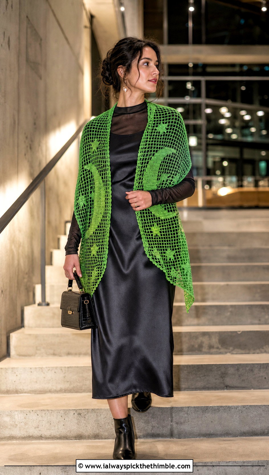 Moon And Stars Filet Shawl With Satin Dress - 20 Crochet Halloween Shawl outfit ideas