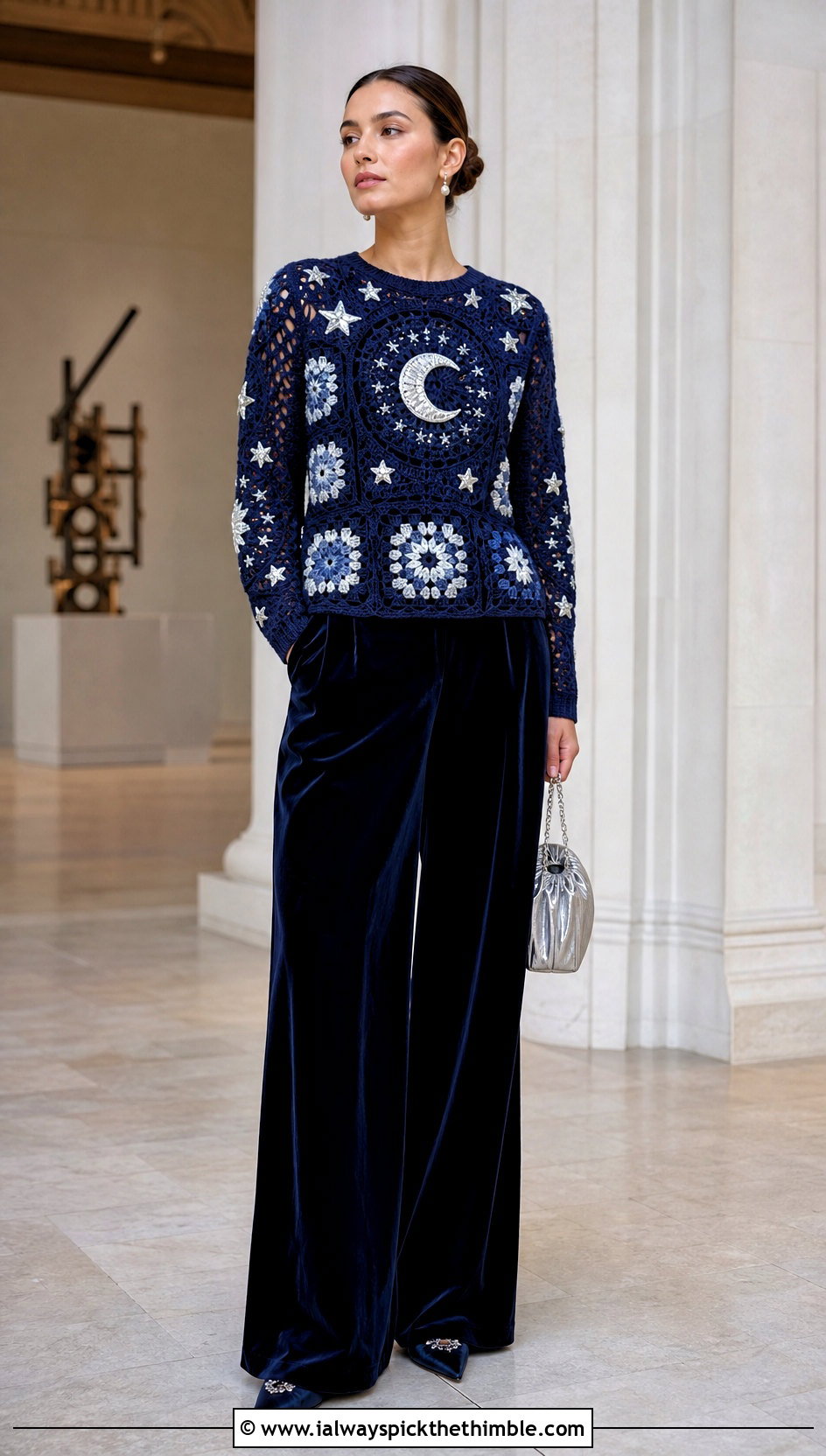Moon Granny Square Halloween Sweater With Velvet Pants - 15 Crochet Granny Square Halloween Sweater outfit ideas