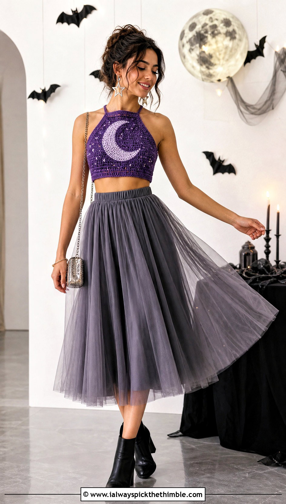 Moon Motif Crochet Crop Top With Tulle Midi Skirt - 20 halloween crochet crop top outfit ideas