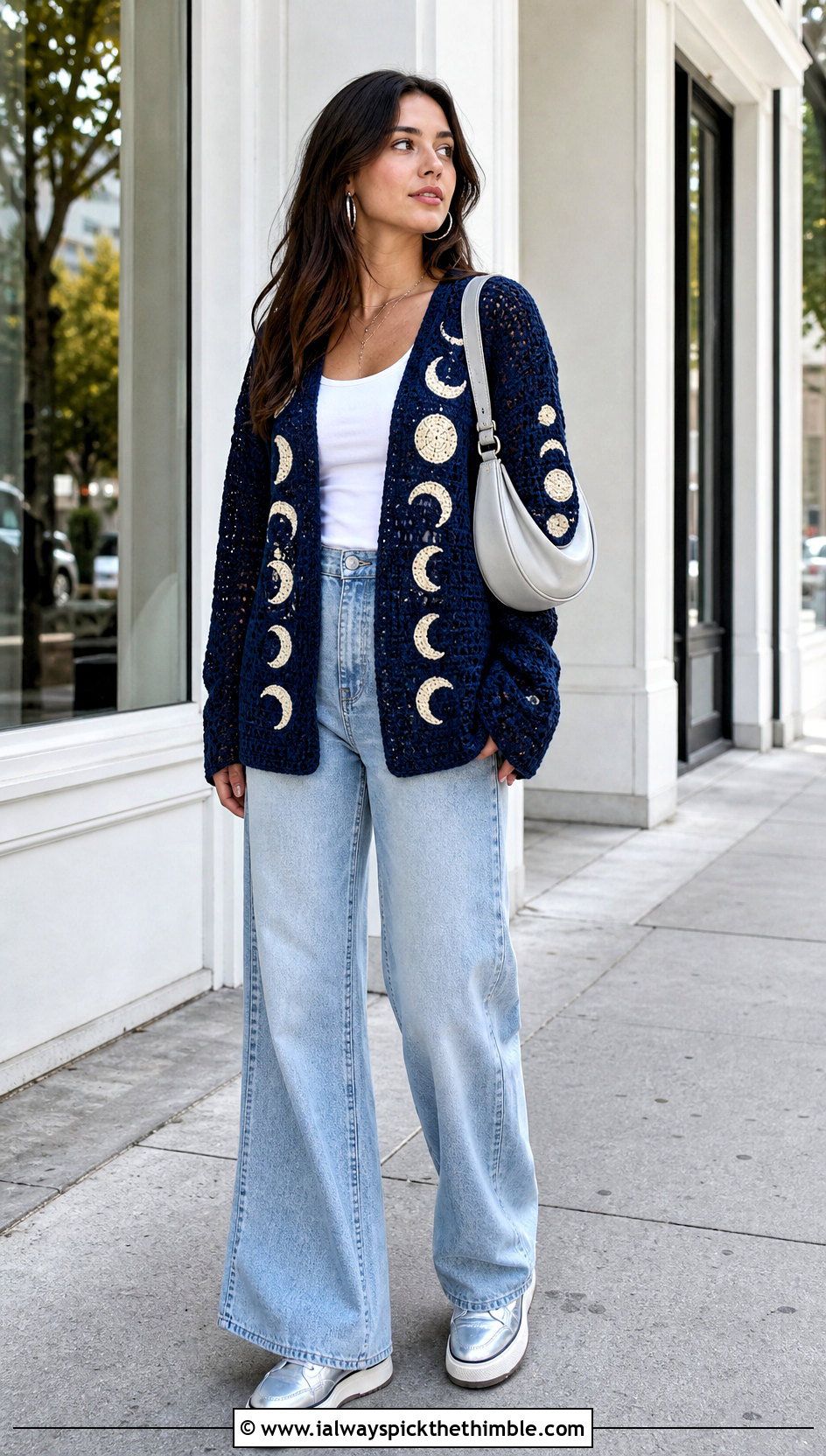 Moon Phase Crochet Cardigan With Wide Leg Jeans - 20 Fantasy Crochet Clothing and outfit ideas