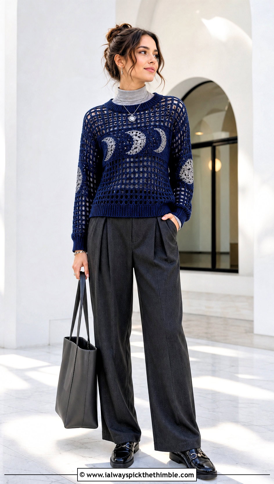 Moon Phase Filet Crochet Halloween Sweater With Tailored Pants - 25 Crochet Halloween Sweater outfit ideas
