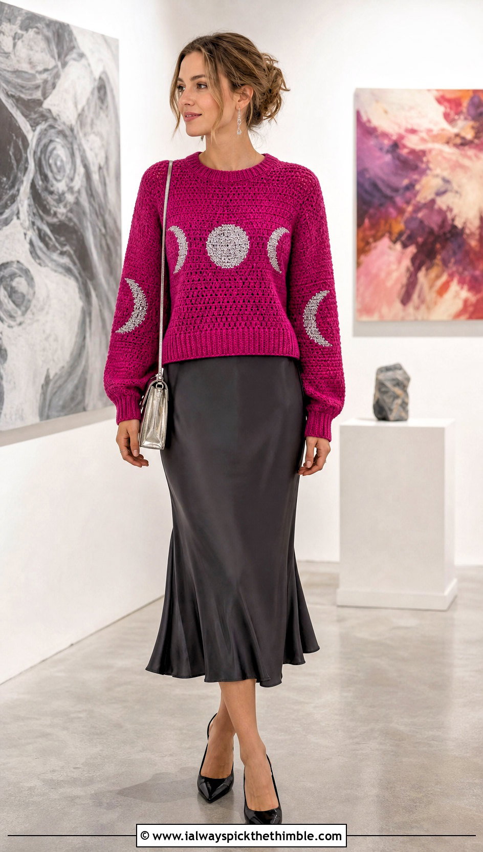 Moon Phase Fitted Crewneck Halloween Crochet Jumper With Satin Skirt - 15 Halloween Crochet Jumper outfit ideas