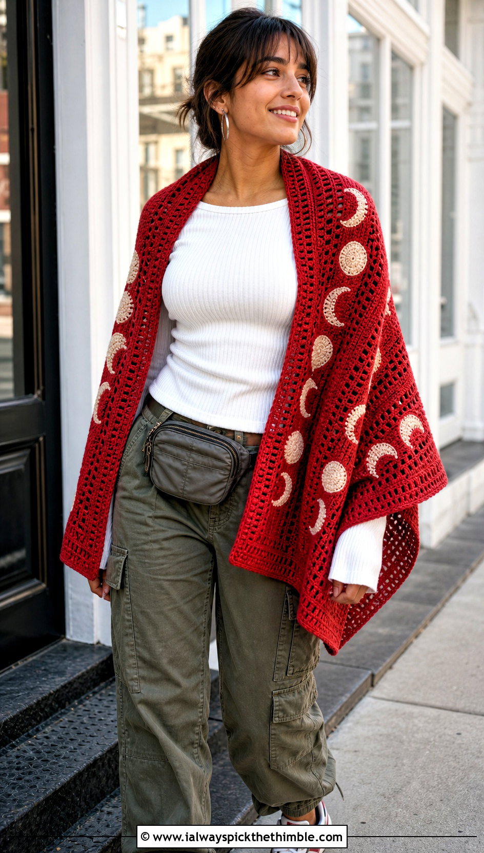 Moon Phase Motif Shawl With Cargo Pants - 15 Crochet Moon Shawl outfit ideas
