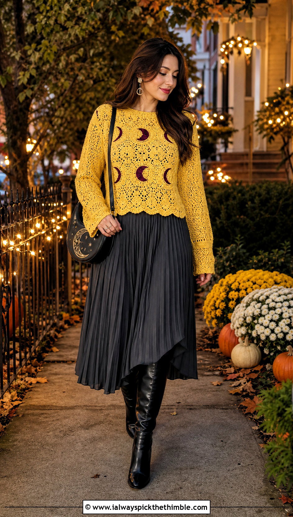Moon Phase Spooky Crochet Sweater With Pleated Midi Skirt - 15 Spooky Crochet Sweater outfit ideas