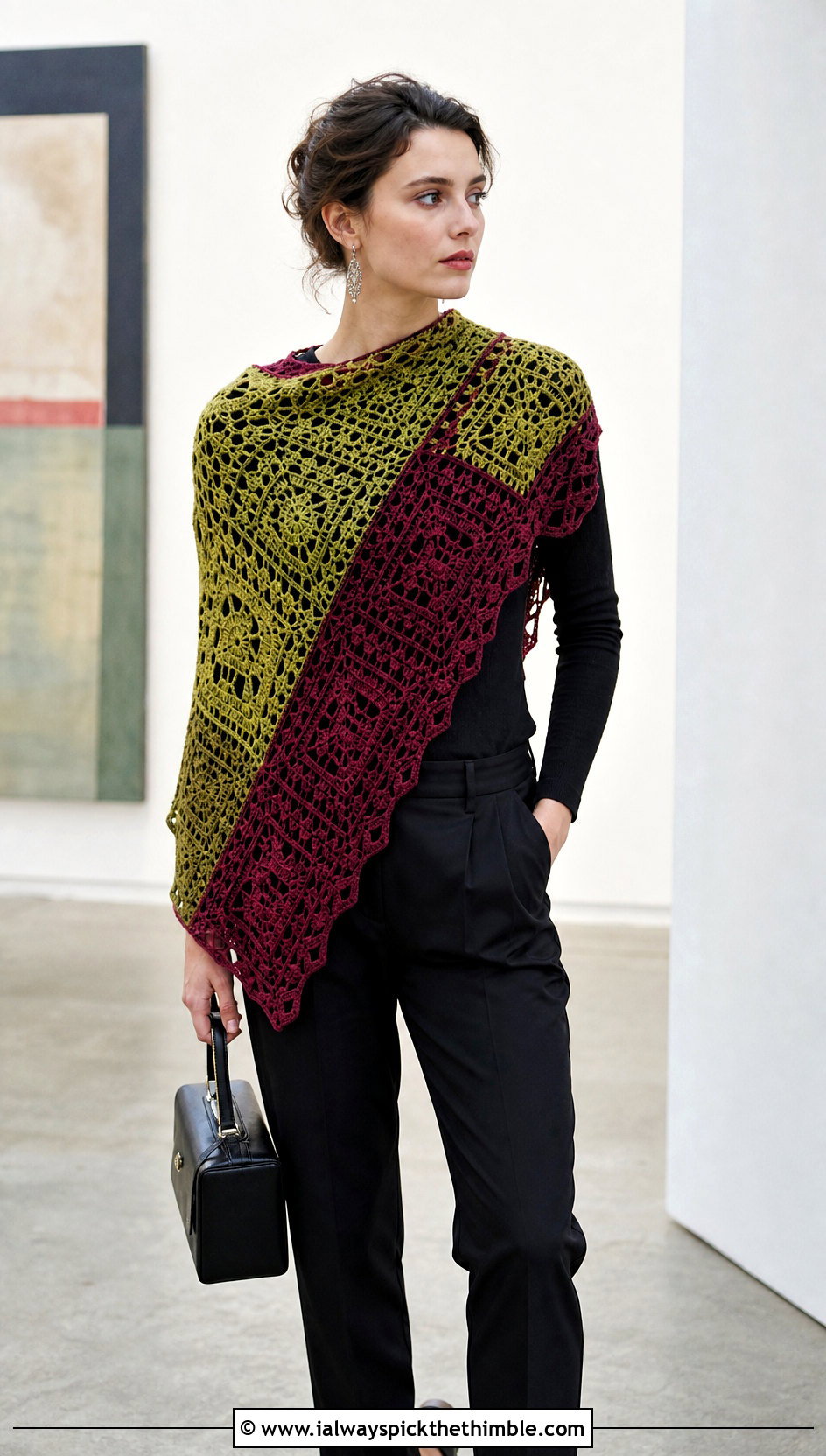 Mosaic Asymmetrical Crochet Shawl With Minimal Black Outfit - 20 asymmetrical crochet shawl outfit ideas