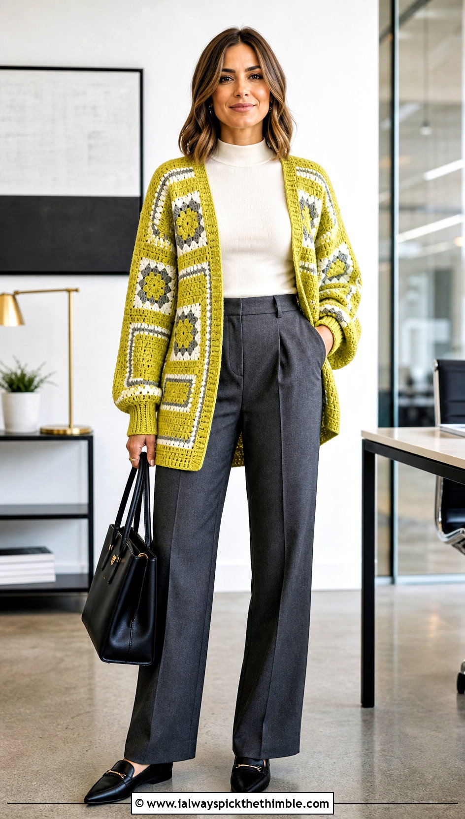 Mosaic Blanket Crochet Cardigan With Tailored Trousers - 20 blanket crochet cardigan outfit ideas