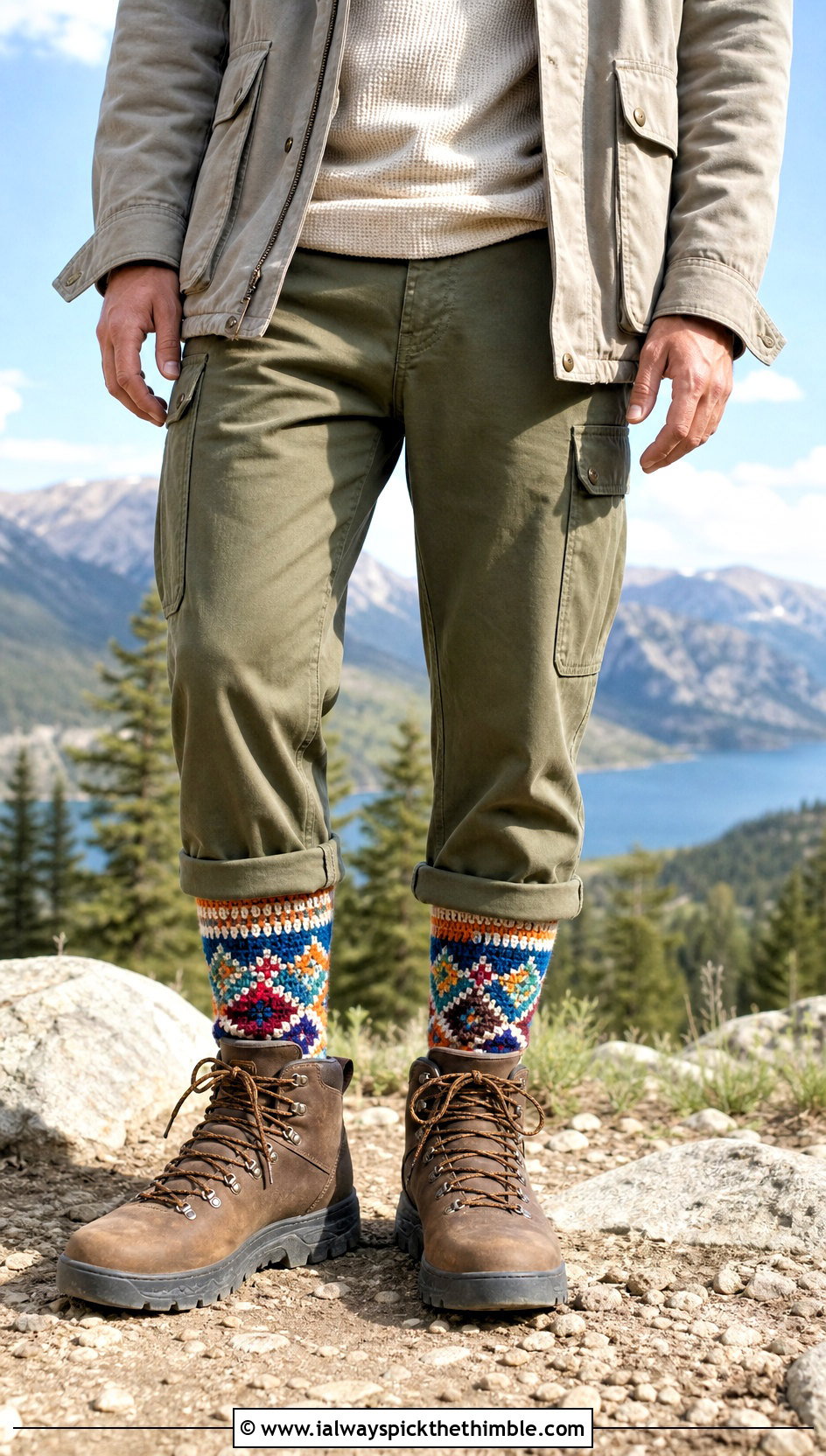 Mosaic Chunky Crochet Boot Socks With Cargo Pants - 20 Chunky Crochet Socks outfit ideas