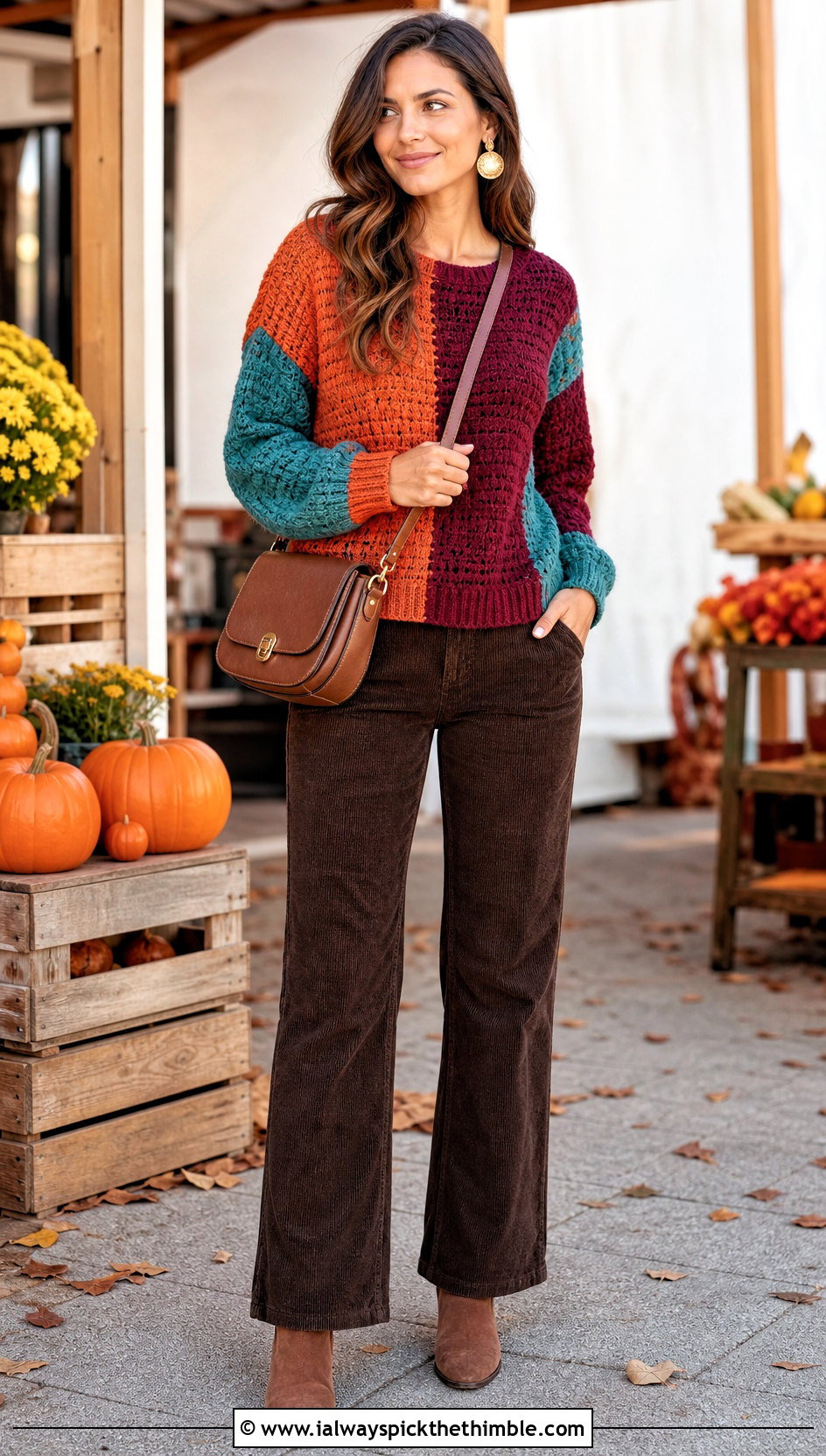Mosaic Color Block Crochet Sweater With Corduroy Pants - 20 Color Block Crochet Sweater outfit ideas