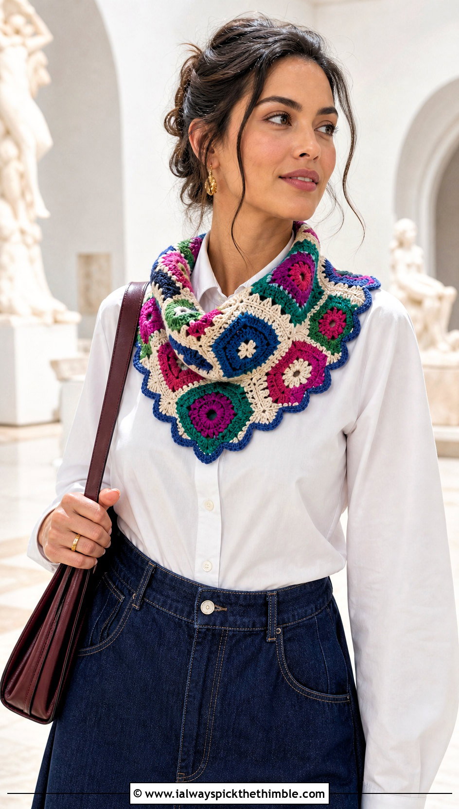 Mosaic Cowl With Poplin Shirt And Denim Midi Skirt - 15 Cowls To Crochet outfit ideas
