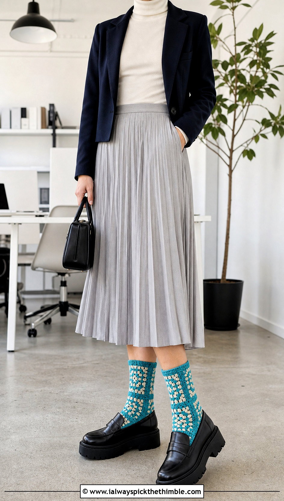 Mosaic Crew Crochet Wool Socks With Pleated Midi Skirt - 20 Crochet Wool Socks outfit ideas