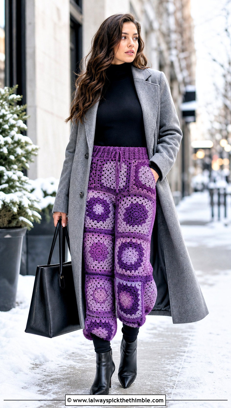 Mosaic Crochet Baggy Pants With Long Wool Coat - 25 crochet baggy pants outfit ideas