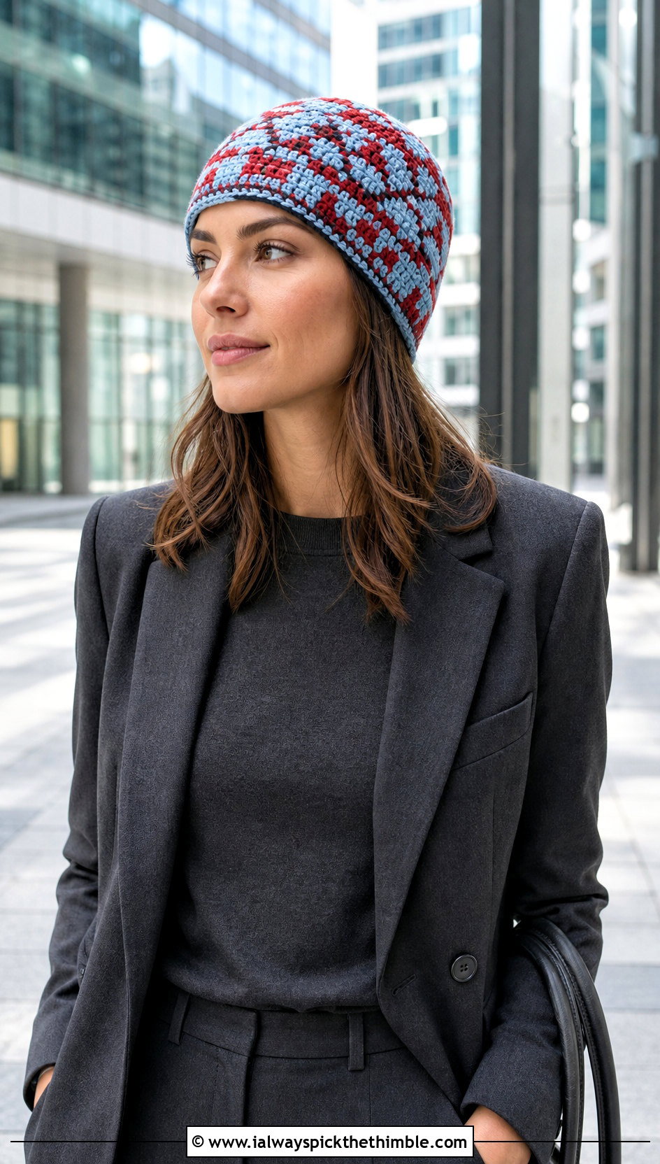 Mosaic Crochet Beanie With Monochrome Suit - 20 Fall Crochet Beanie outfit ideas