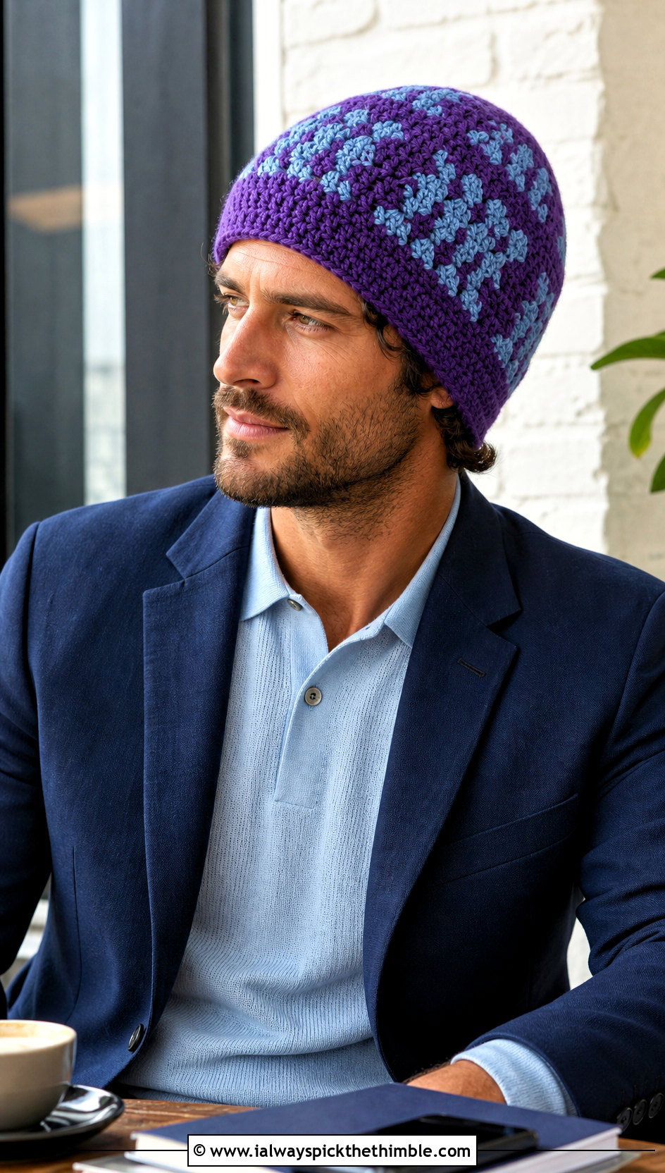 Mosaic Crochet Beanie With Tailored Blazer - 20 crochet man beanie outfit ideas