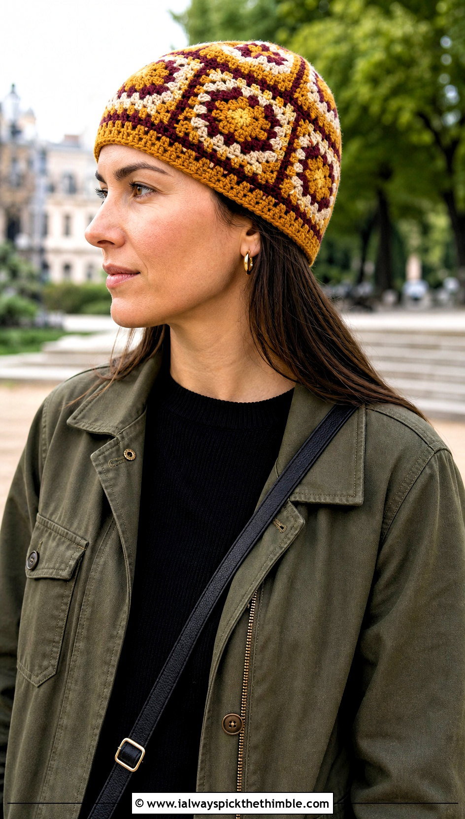 Mosaic Crochet Beanie With Utility Jacket - 25 cute crochet beanies outfit ideas