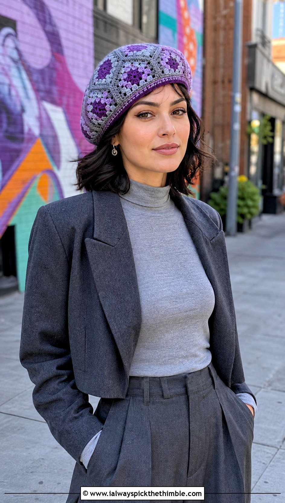 Mosaic Crochet Beret With Wide Leg Trousers - 25 mosaic crochet hat outfit ideas