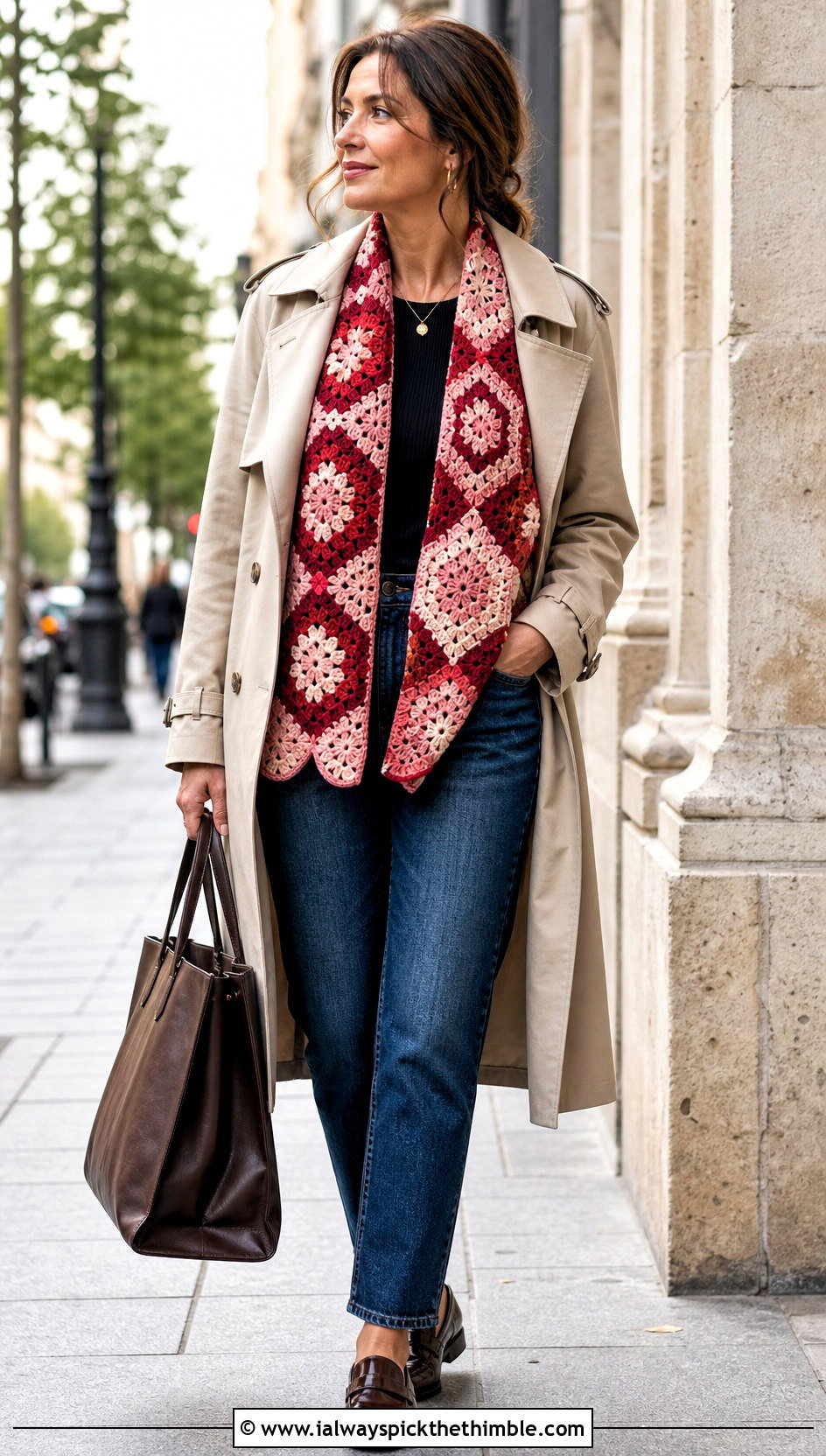 Mosaic Crochet Boho Shawl With Trench Coat - 20 crochet boho shawl outfit ideas
