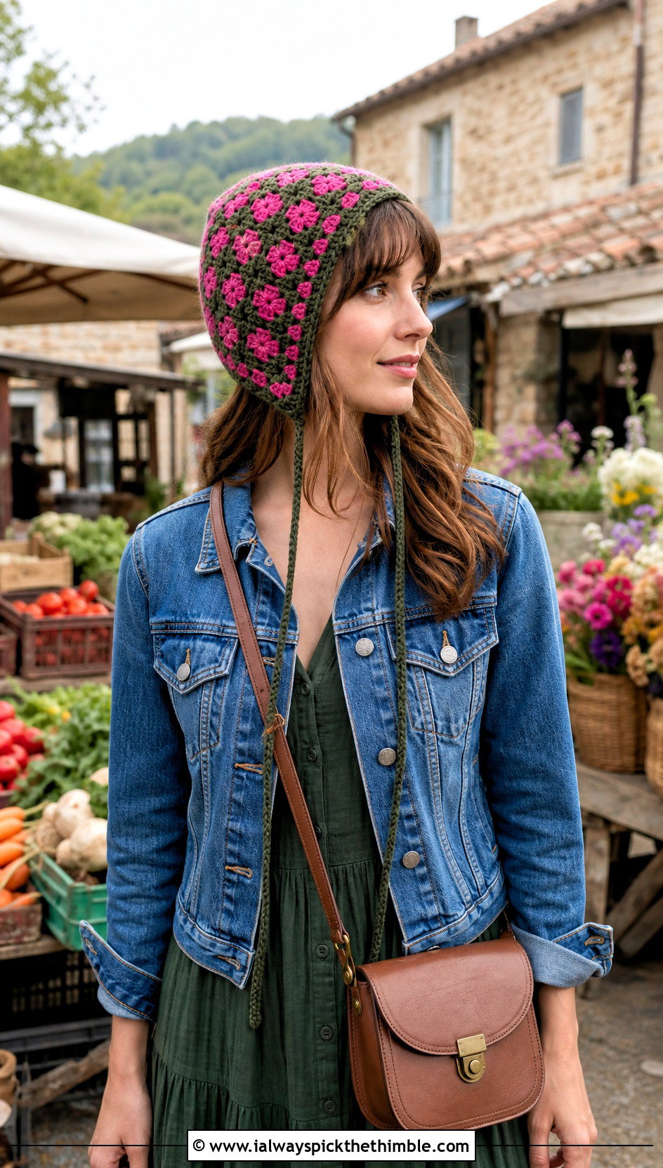 Mosaic Crochet Bonnet Hat With Prairie Dress - 25 mosaic crochet hat outfit ideas