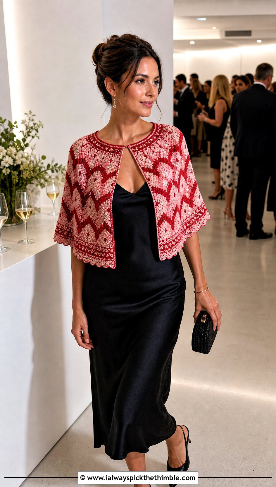 Mosaic Crochet Capelet Shawl With Satin Slip Dress - 20 mosaic crochet shawl outfit ideas