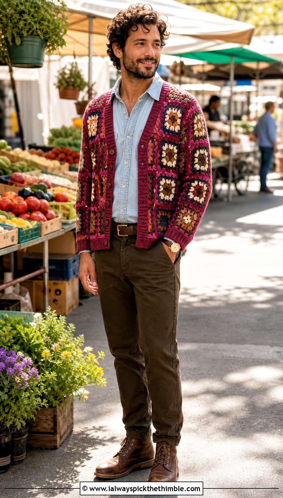 Mosaic Crochet Cardigan With Denim Shirt And Twill Pants - 25 mens crochet cardigan outfit ideas