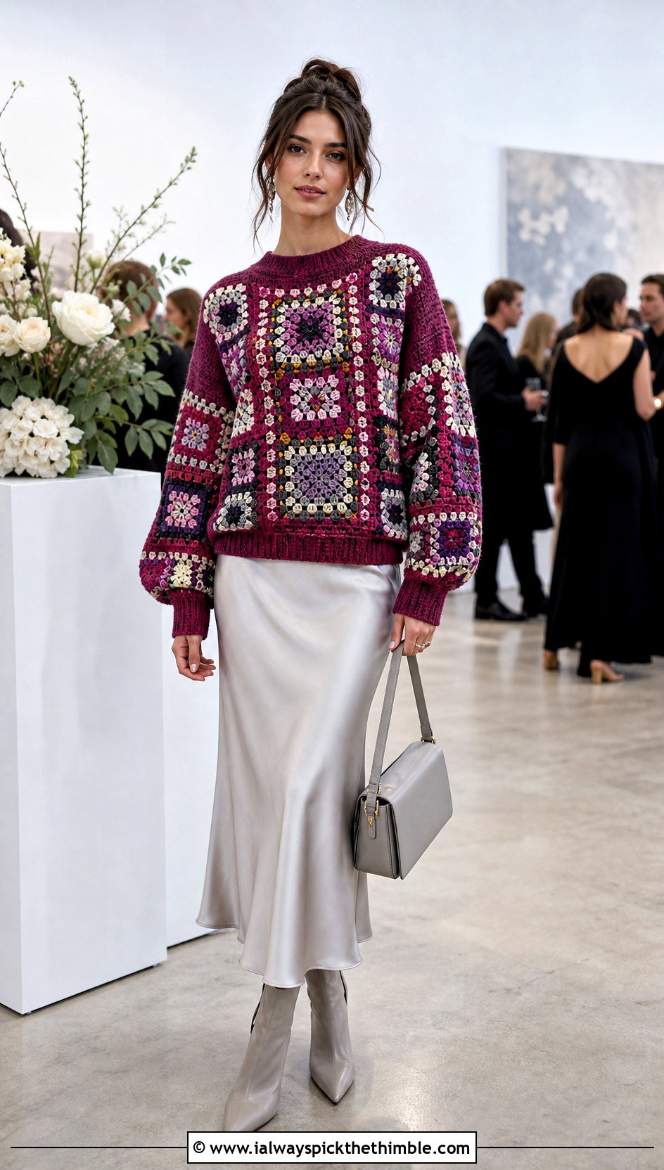 Mosaic Crochet Character Sweater With Satin Midi Skirt - 20 Crochet Character Sweater outfit ideas