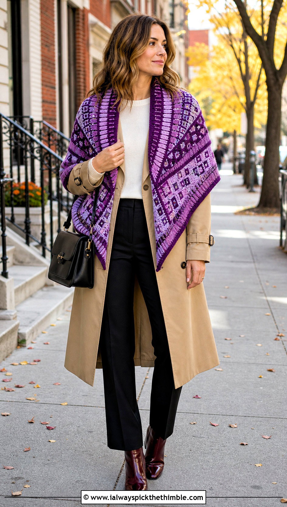 Mosaic Crochet Circular Shawl With a Trench Coat - 20 crochet circular shawl outfit ideas