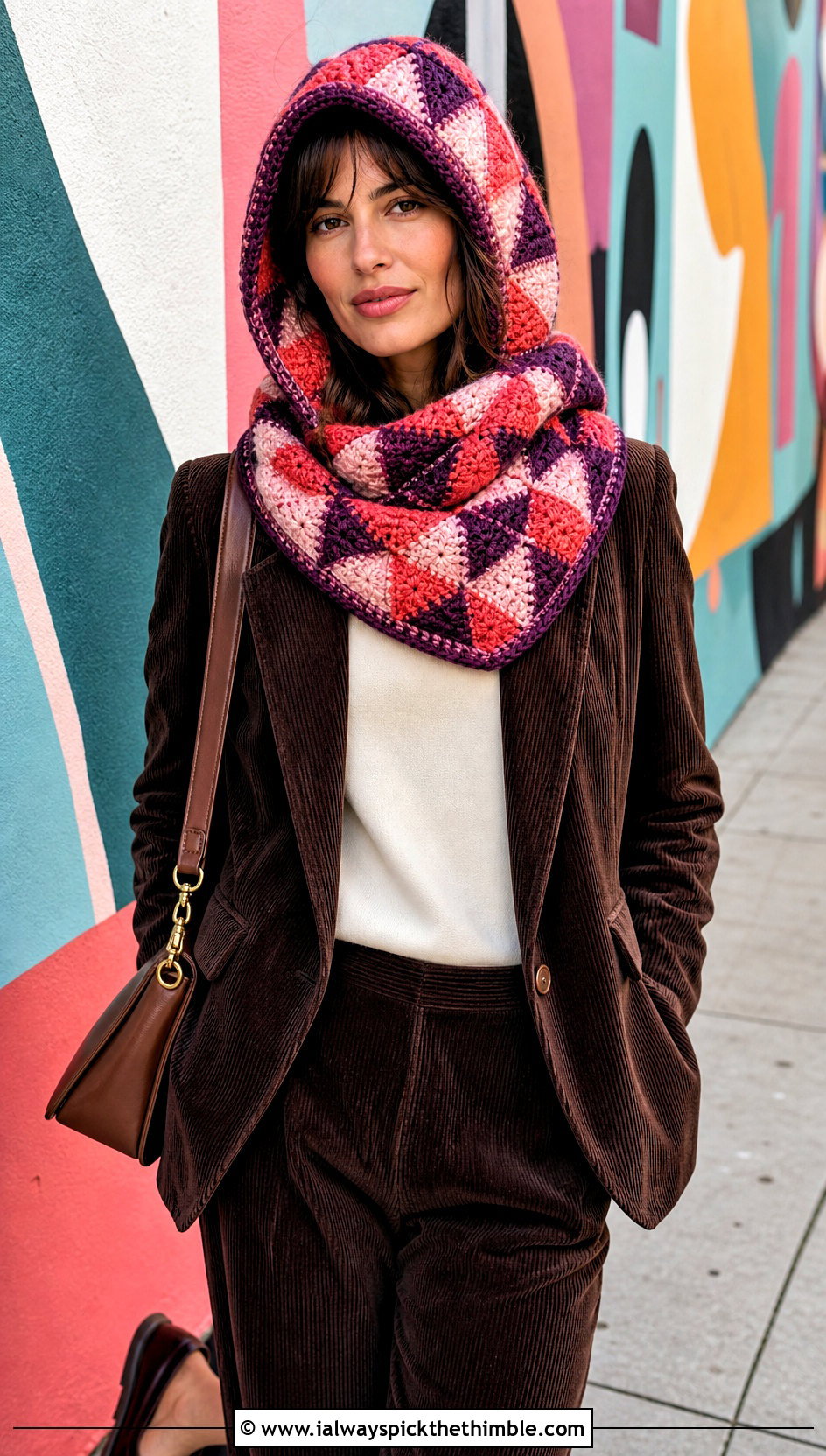 Mosaic Crochet Cowl Hood With Corduroy Suit - 20 crochet cowl hood outfit ideas
