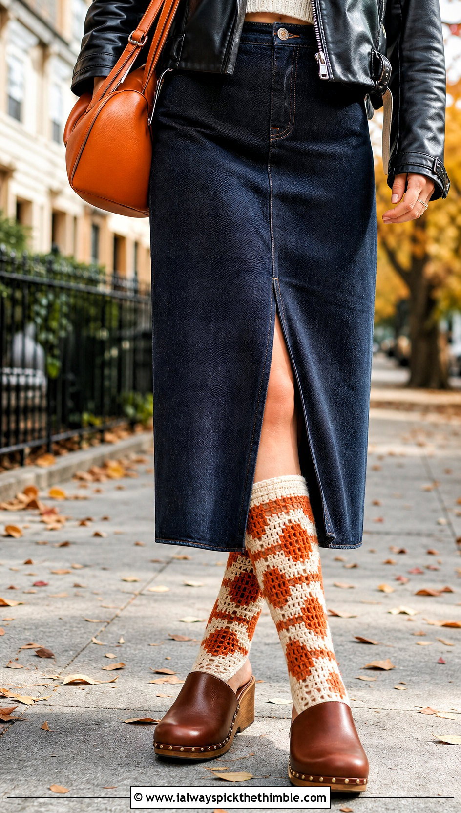Mosaic Crochet Crew Socks With Denim Maxi Skirt - 20 Quick Crochet Socks outfit ideas