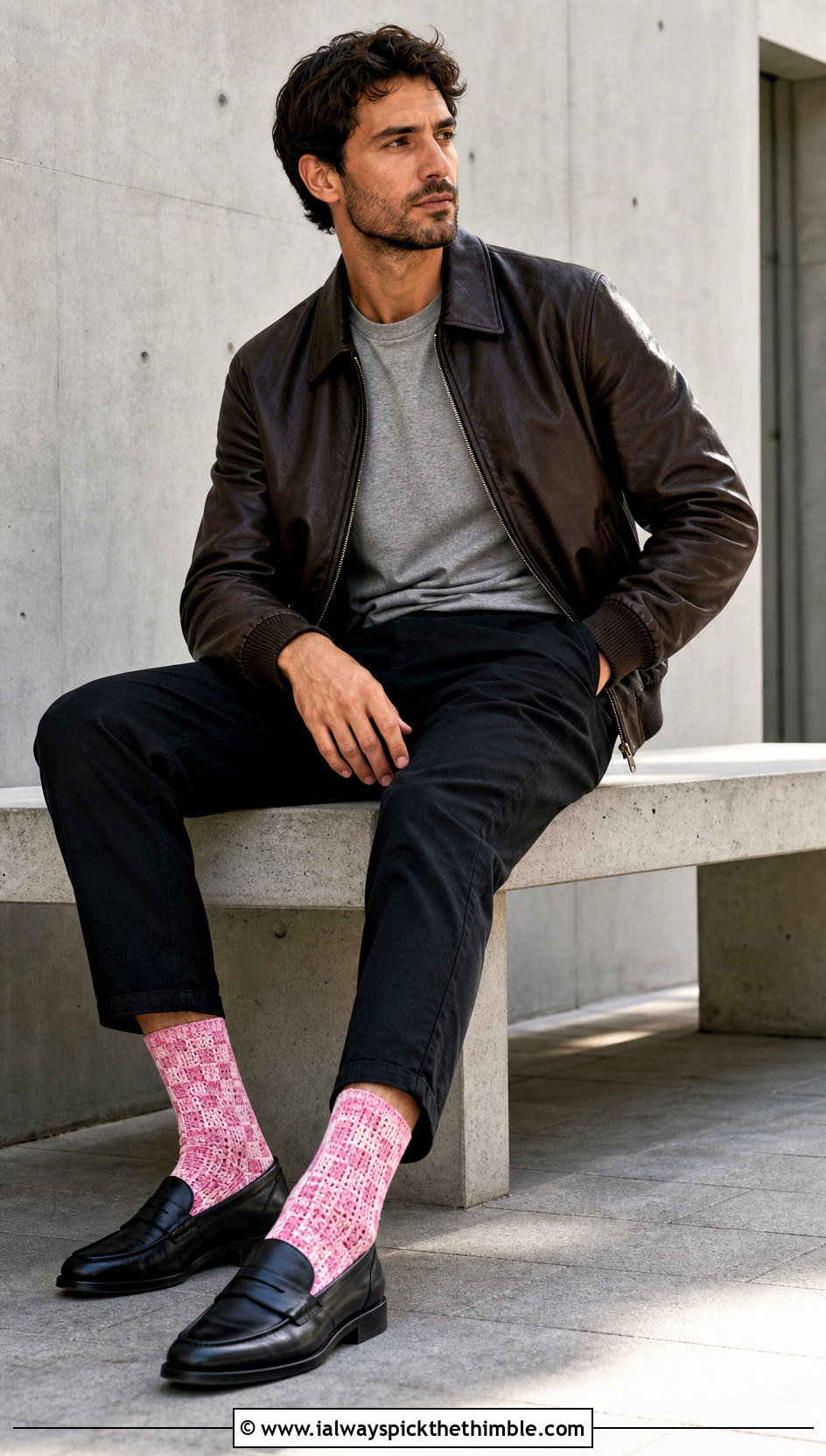 Mosaic Crochet Crew Socks With Leather Jacket - 20 Mens Crochet Socks outfit ideas