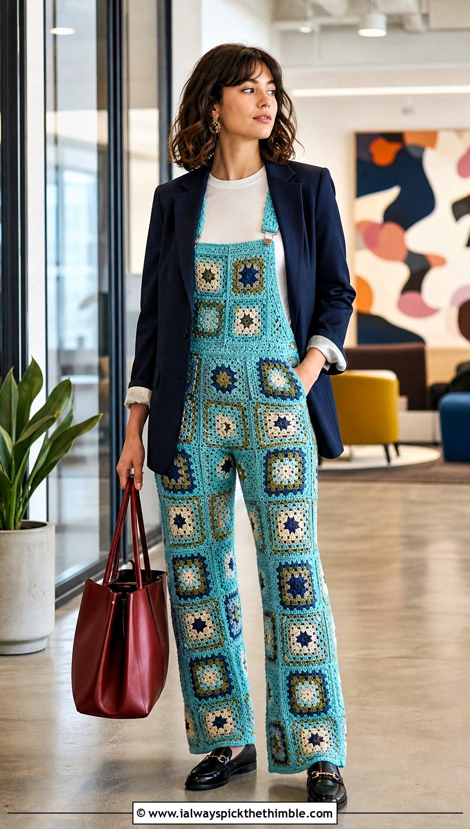 Mosaic Crochet Dungarees With Tailored Blazer - 20 crochet dungarees outfit ideas
