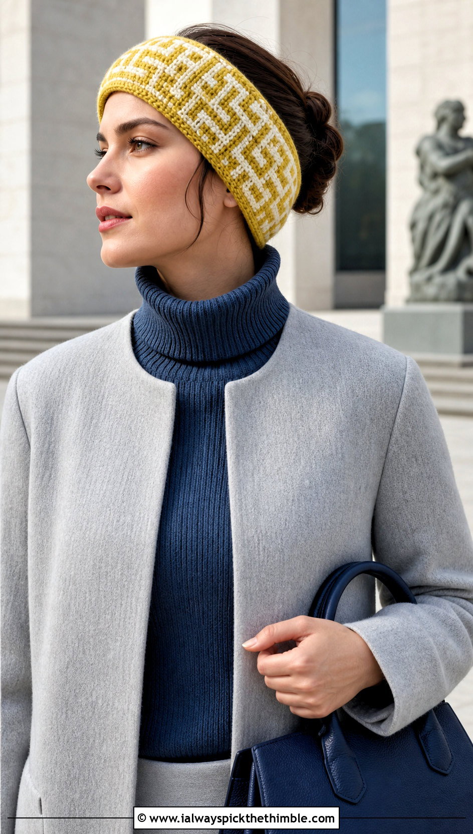 Mosaic Crochet Ear Warmer With Minimalist Coat - 20 Quick Crochet Ear Warmer outfit ideas