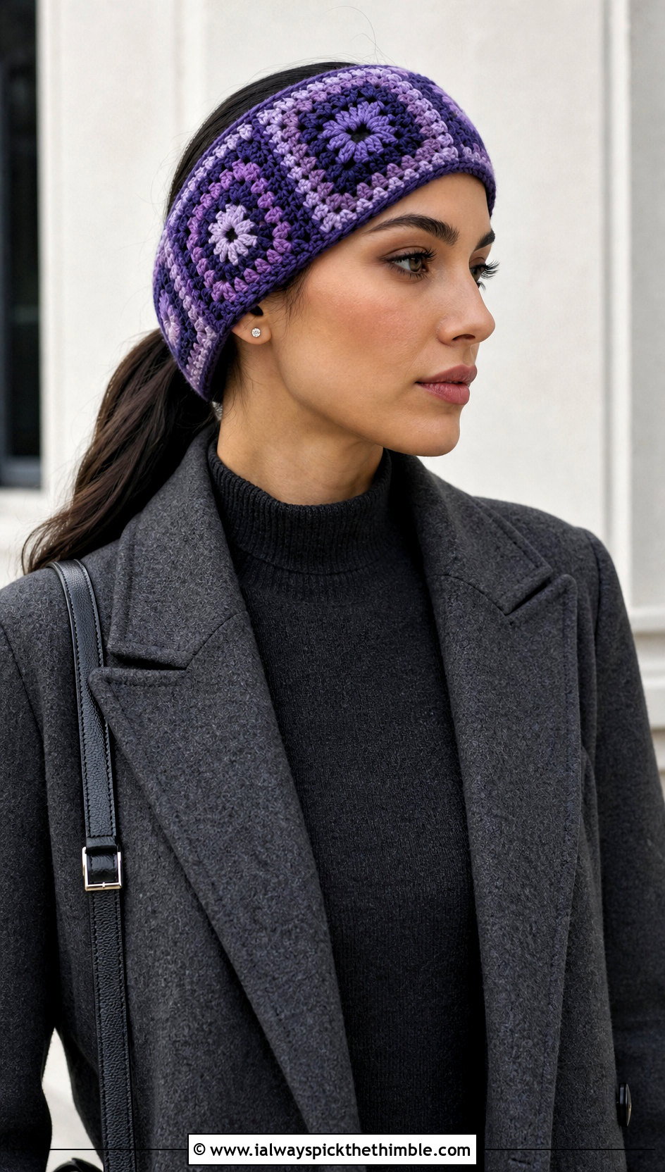 Mosaic Crochet Ear Warmer With Monochrome Outfit - 25 Easy Crochet Ear Warmer outfit ideas