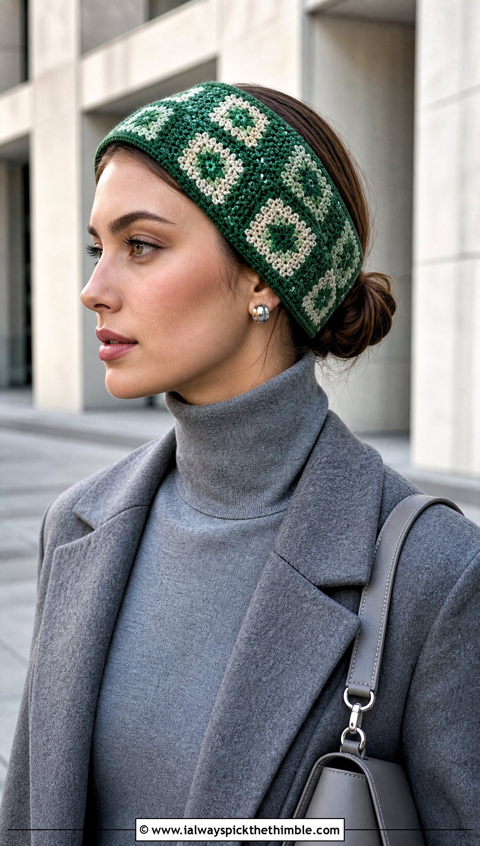 Mosaic Crochet Ear Wrap With Monochrome Outfit - 20 crochet ear wrap outfit ideas