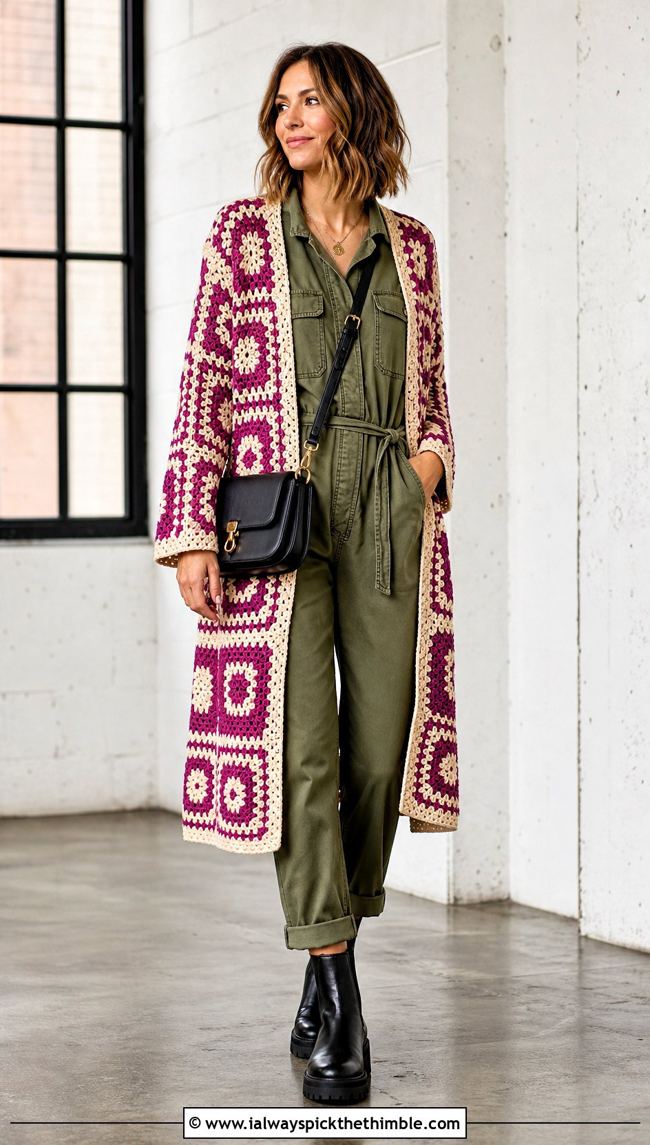 Mosaic Crochet Fall Cardigan With Utility Jumpsuit - 25 crochet fall cardigan outfit ideas