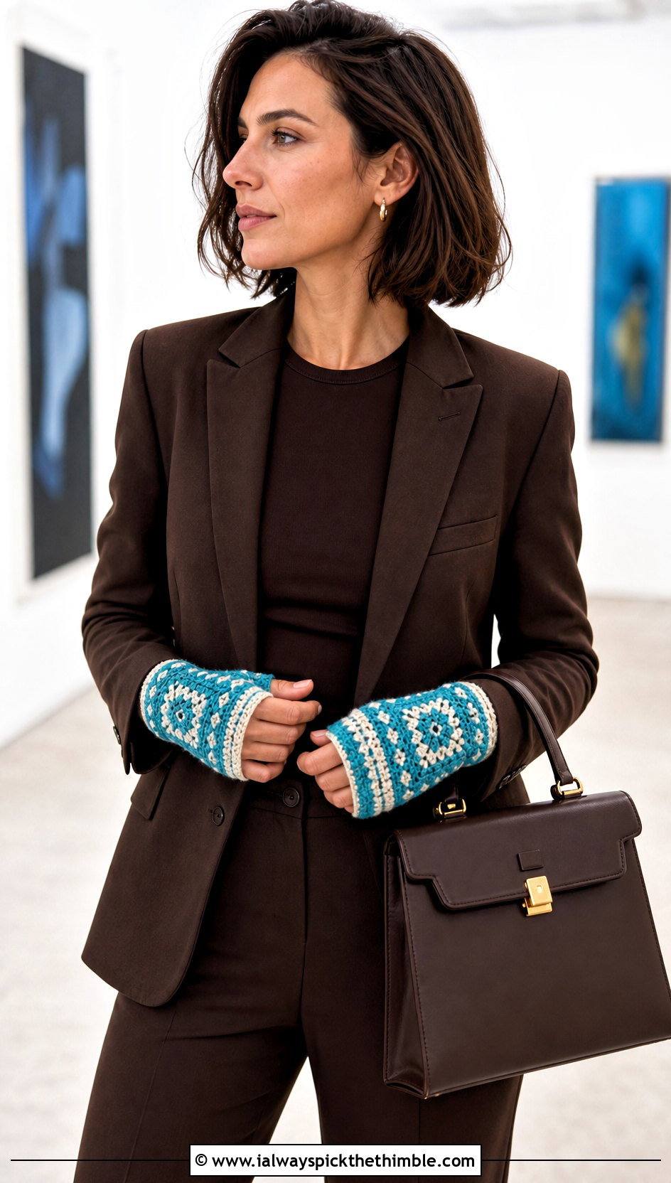 Mosaic Crochet Fingerless Mitts With Monochrome Suit - 20 Crochet Fingerless Mitts outfit ideas