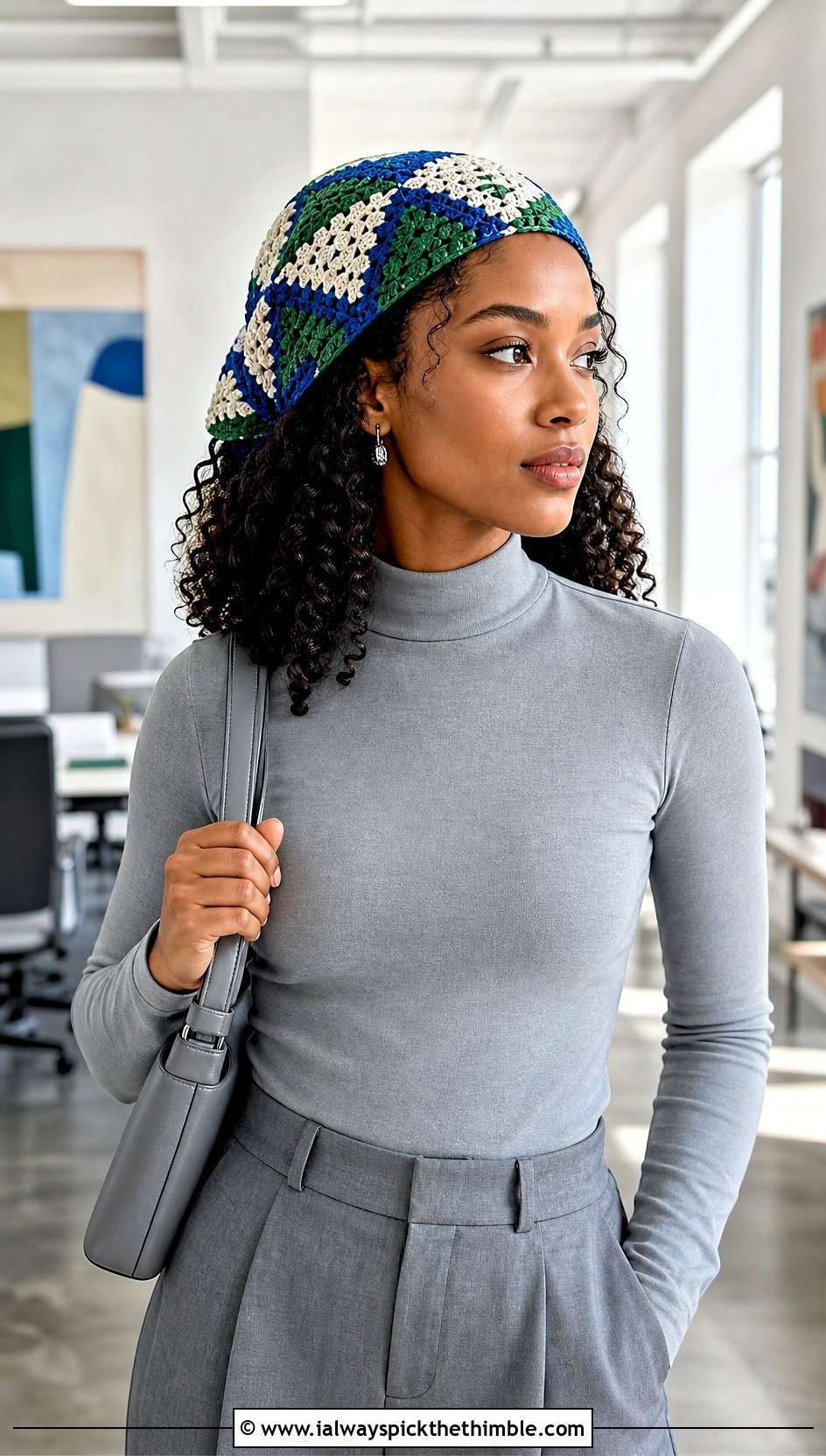 Mosaic Crochet Hair Scarf With Monochrome Outfit - 25 crochet hair scarf outfit ideas