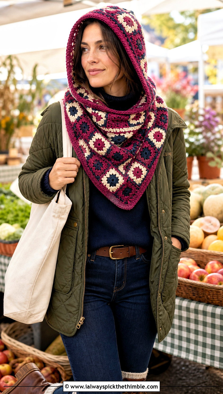 Mosaic Crochet Hooded Cowl With Quilted Jacket - 20 easy crochet hooded cowl outfit ideas