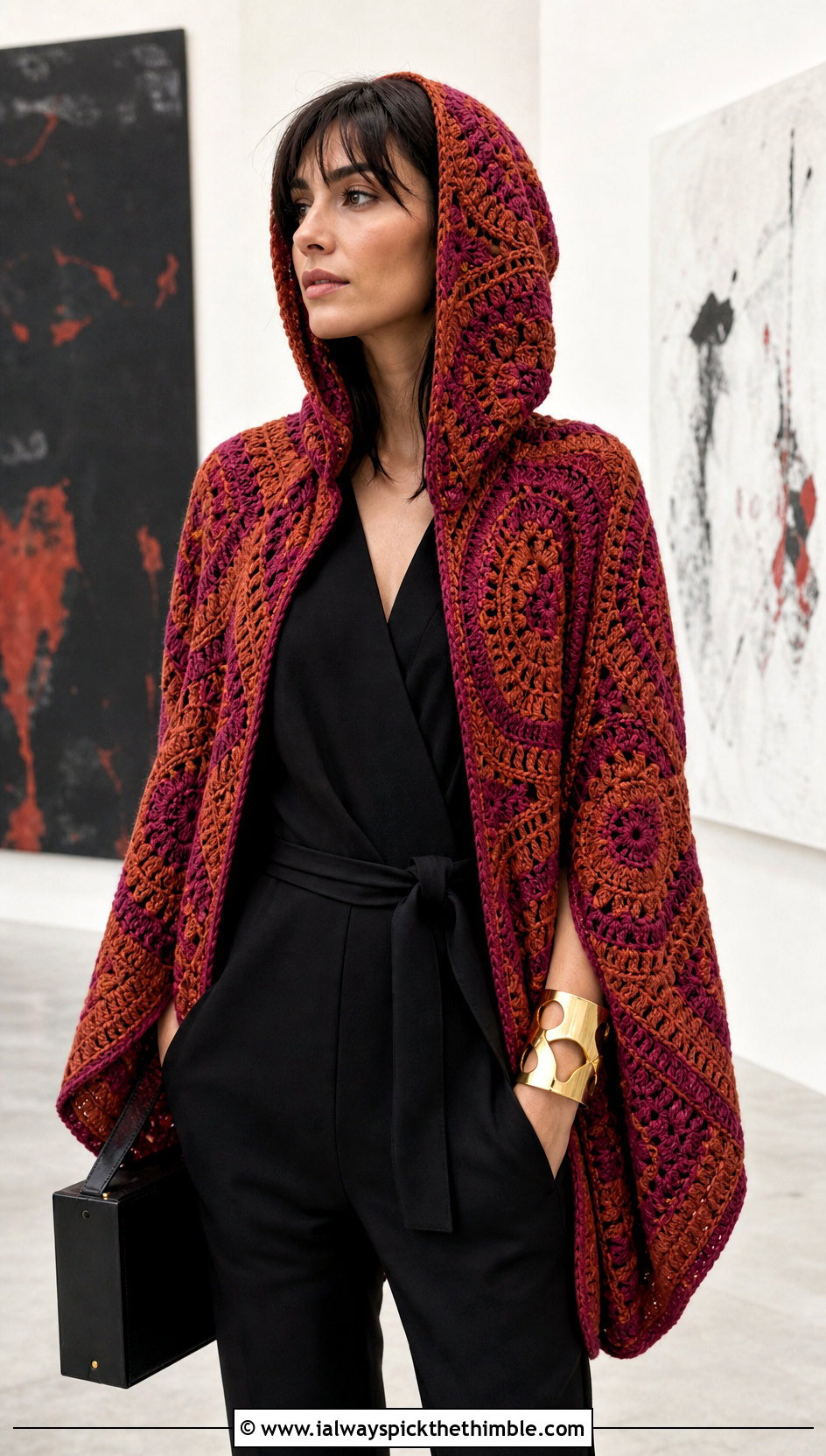 Mosaic Crochet Hooded Shawl With Tailored Jumpsuit - 25 crochet hooded shawl outfit ideas