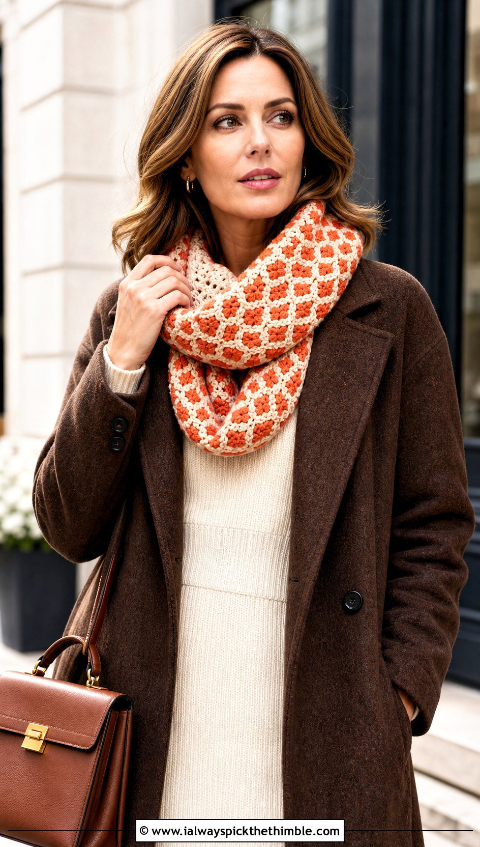 Mosaic Crochet Infinity Scarf With Sweater Dress - 20 Mosaic Crochet Scarf outfit ideas