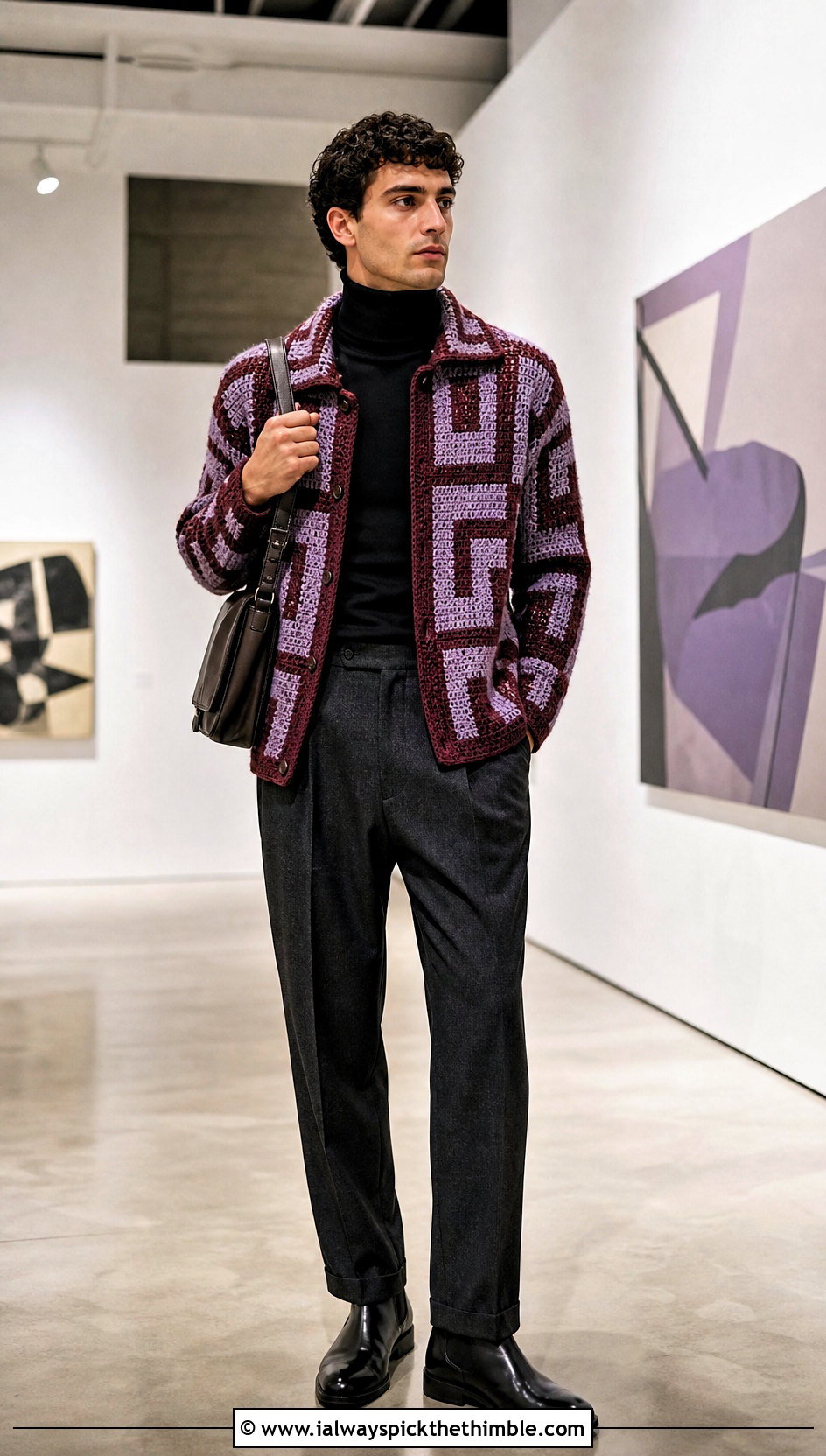Mosaic Crochet Jacket With Black Turtleneck - 15 Crochet Mens Jacket outfit ideas