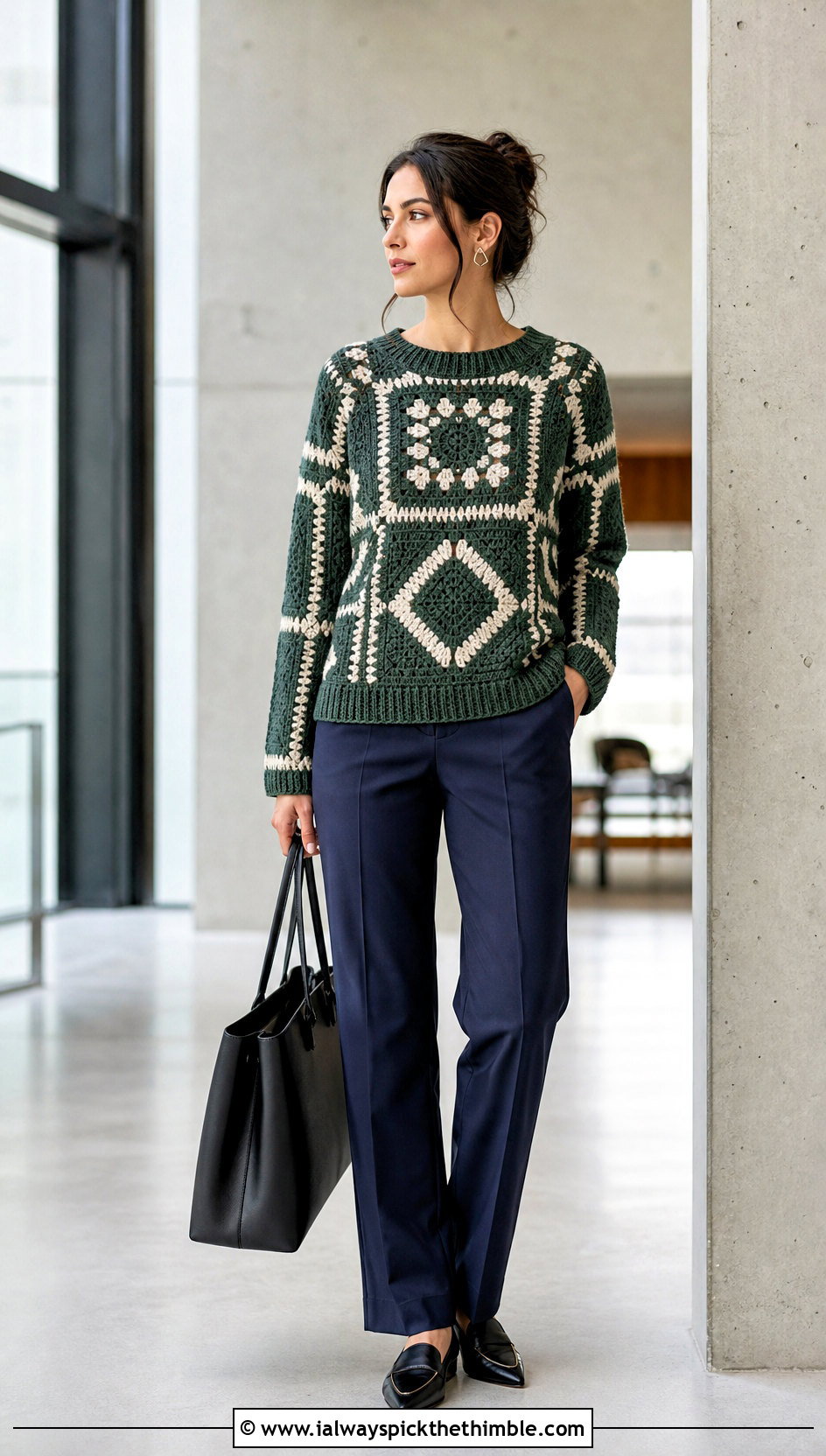 Mosaic Crochet Jumper With Suit Trousers - 20 Cute Crochet Jumper outfit ideas