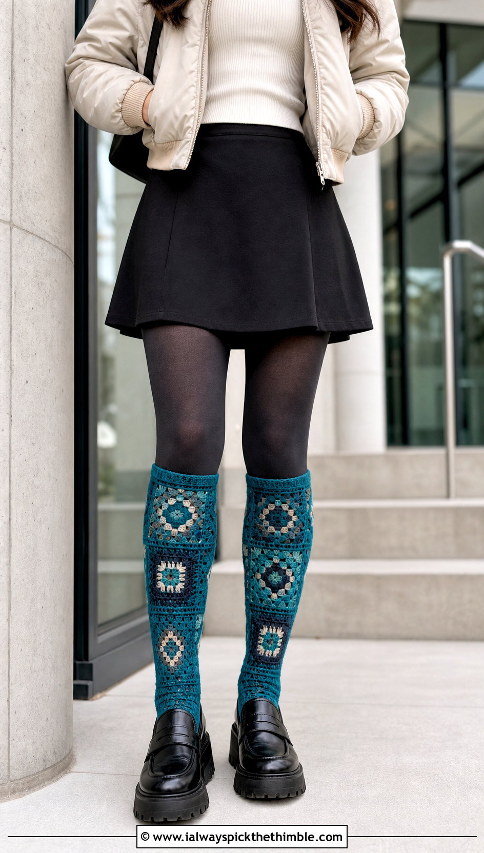 Mosaic Crochet Knee High Socks With Mini Skirt - 20 crochet winter socks outfit ideas