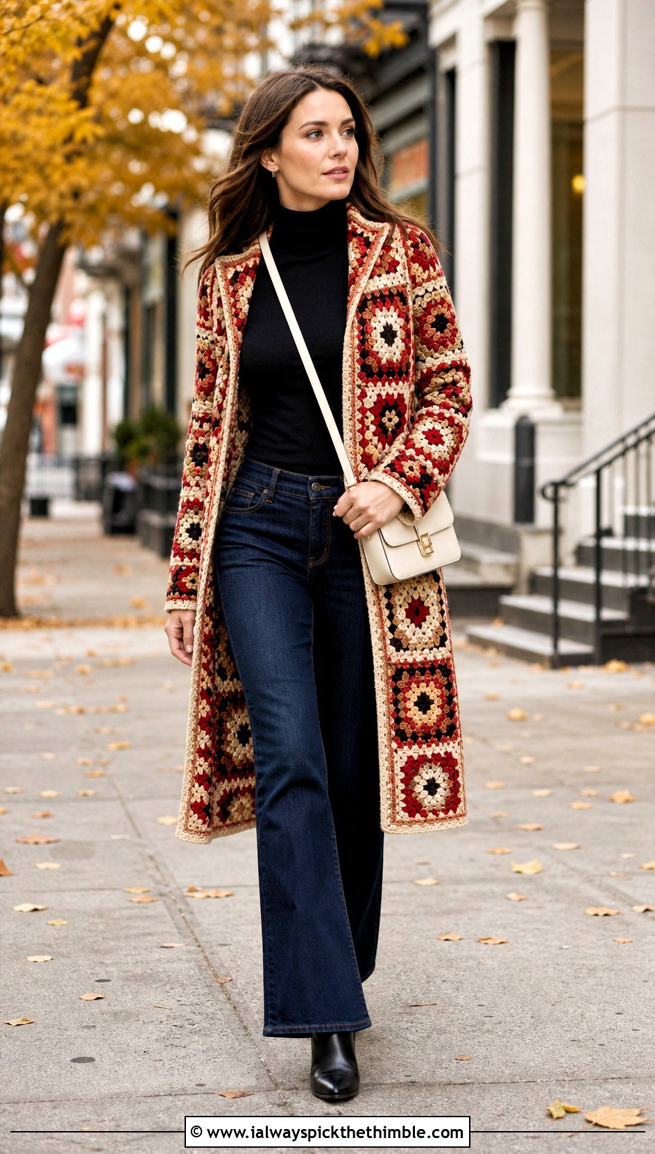 Mosaic Crochet Long Coat With Turtleneck And Jeans - 25 crochet long coat outfit ideas
